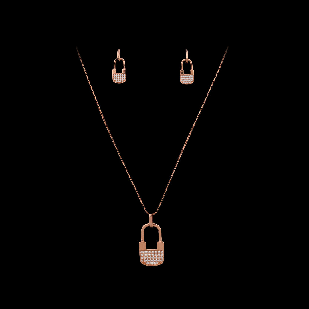 SILVER ROSE GOLD LOCK DESIGN EARRINGS WITH NECK CHAIN
