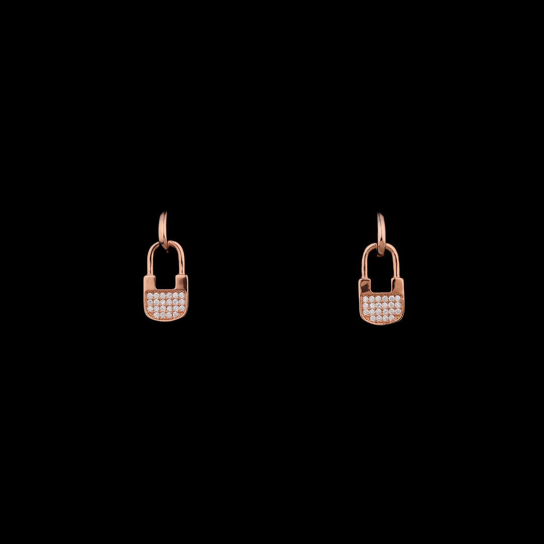 SILVER ROSE GOLD LOCK DESIGN EARRINGS WITH NECK CHAIN