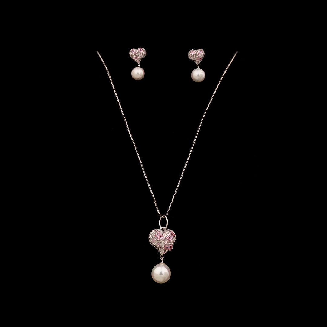 SILVER HEART EARRINGS WITH NECK CHAIN