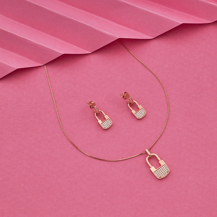 SILVER ROSE GOLD LOCK DESIGN EARRINGS WITH NECK CHAIN