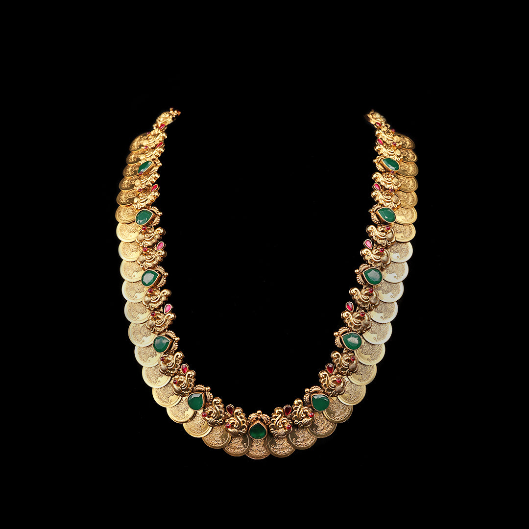 SILVER LAKSHMI KASU HAAR WITH EMERALD STONE