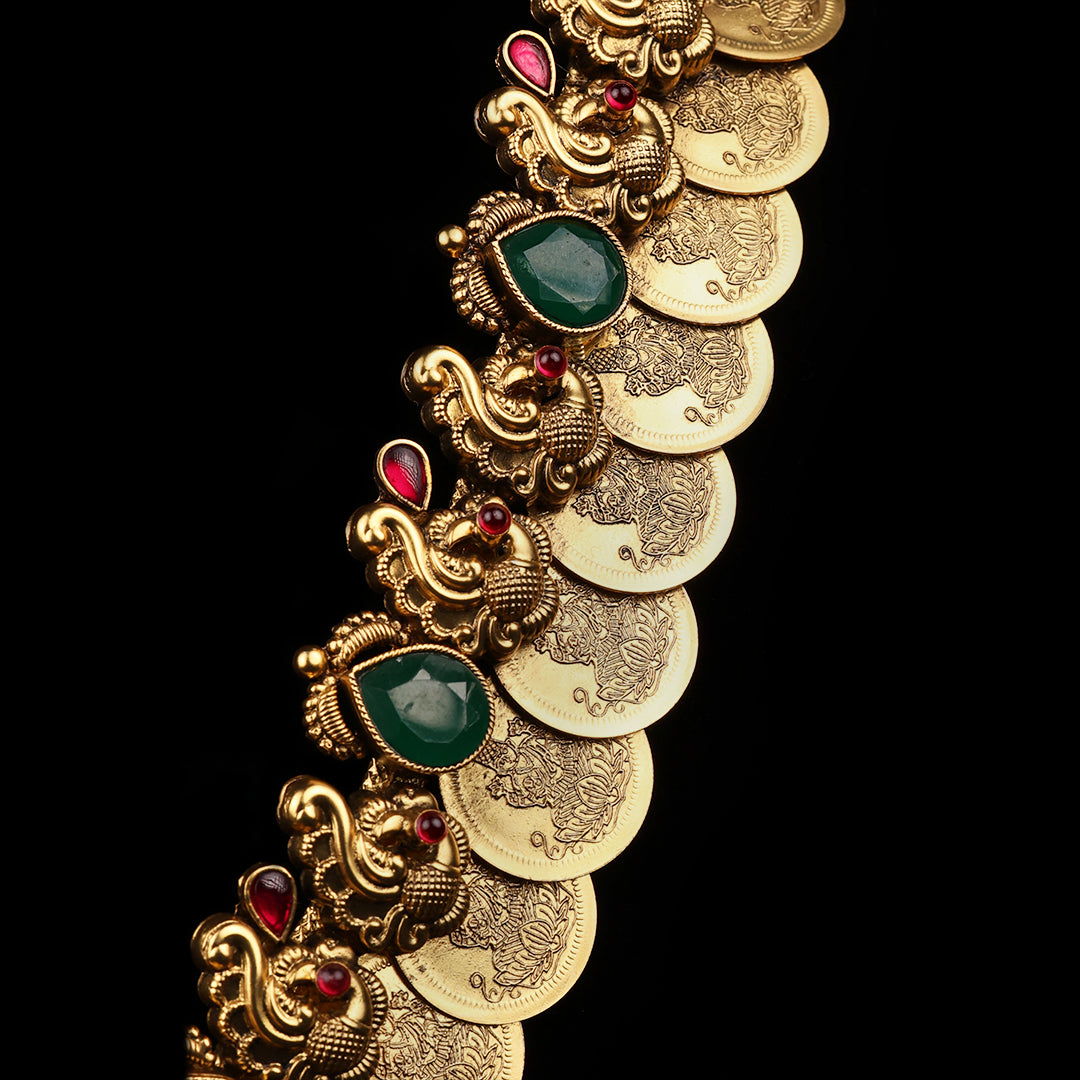 SILVER LAKSHMI KASU HAAR WITH EMERALD STONE