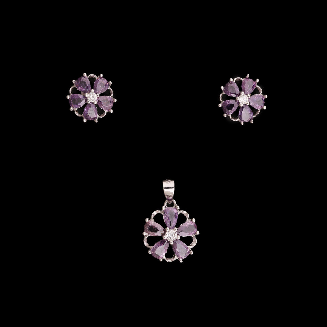 SILVER FLORAL PENDANT WITH EARRINGS