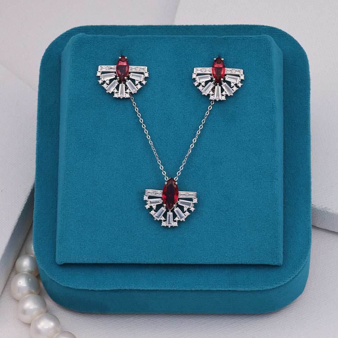 SILVER RED AND WHITE STONE EARRINGS WITH NECK CHAIN