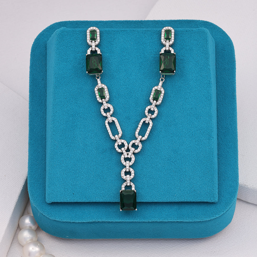 SILVER PARTY WEAR EARRINGS WITH NECK CHAIN