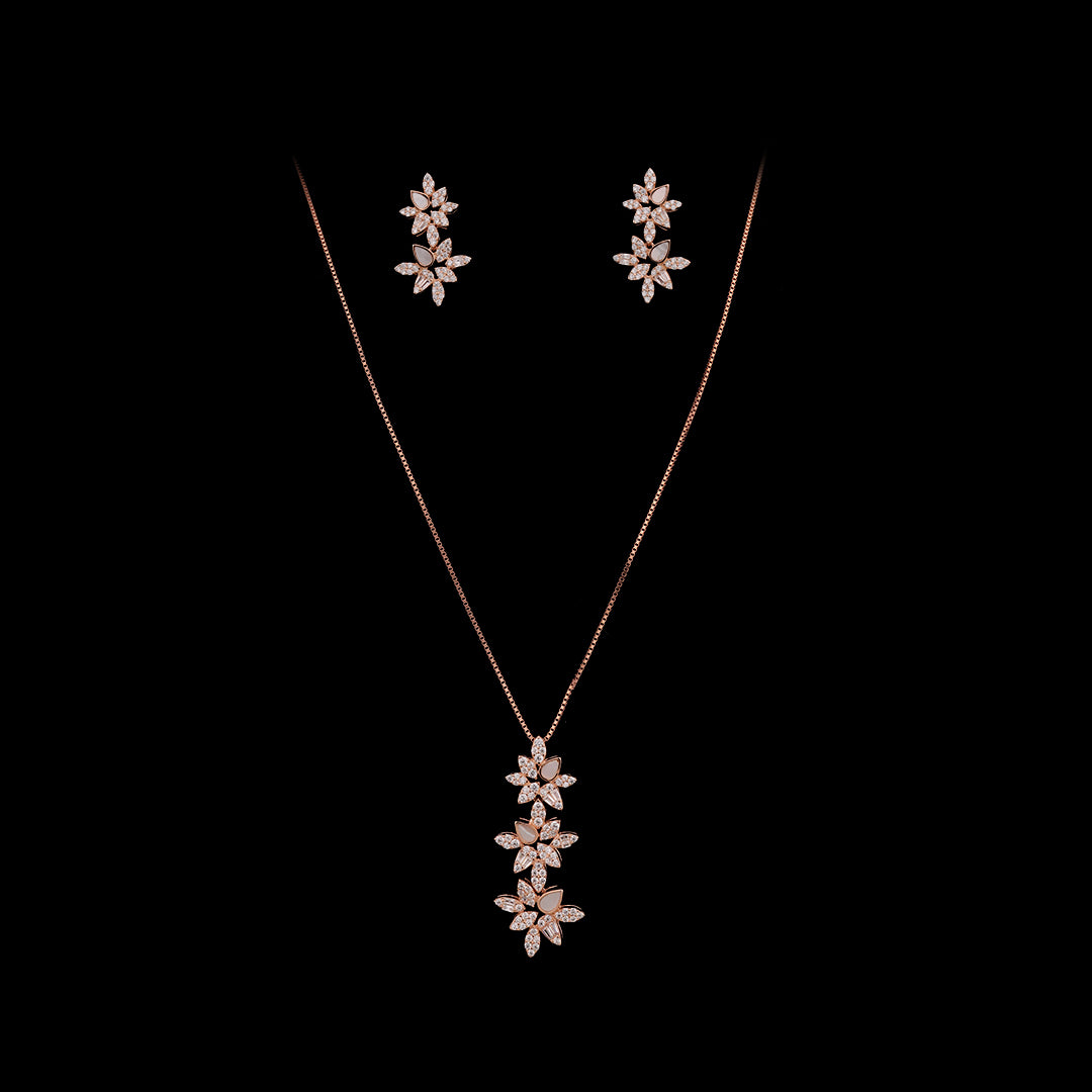 SILVER FLORAL ROSE GOLD EARRING WITH NECK CHAIN