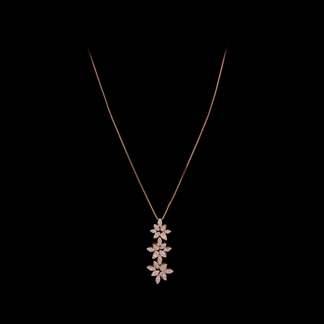 SILVER FLORAL ROSE GOLD EARRING WITH NECK CHAIN