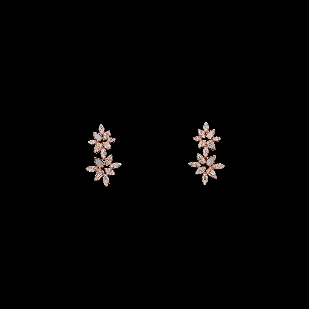 SILVER FLORAL ROSE GOLD EARRING WITH NECK CHAIN