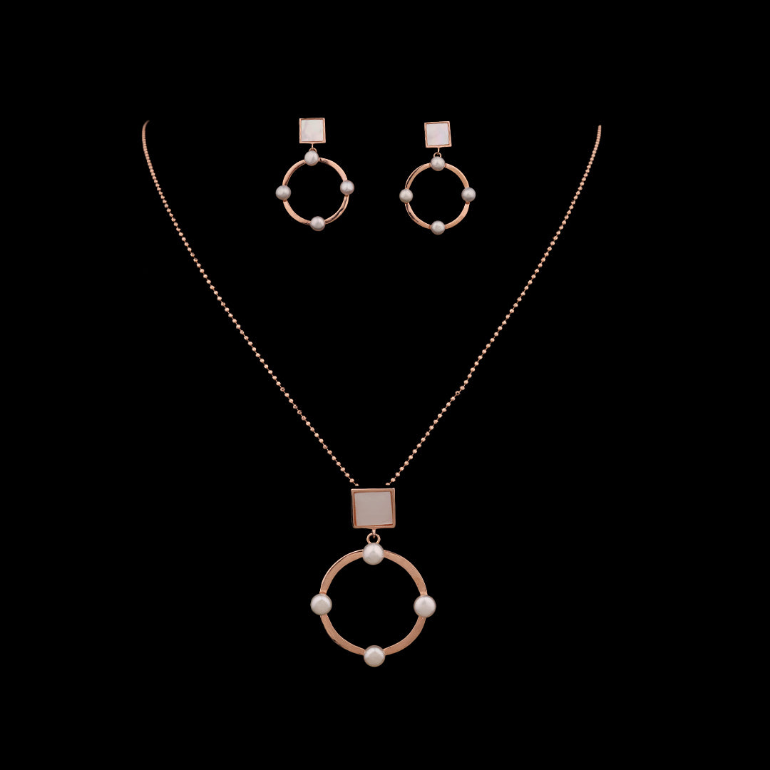 SILVER ROSE GOLD PEARL CIRCLE  EARRINGS WITH NECKCHAIN