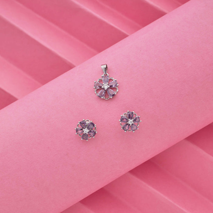 SILVER FLORAL PENDANT WITH EARRINGS