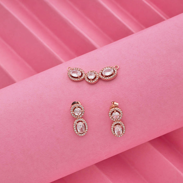 SILVER ROSE GOLD OVAL PENDANT WITH EARRINGS