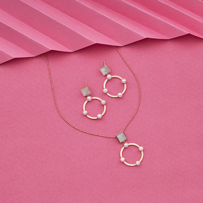 SILVER ROSE GOLD PEARL CIRCLE  EARRINGS WITH NECKCHAIN