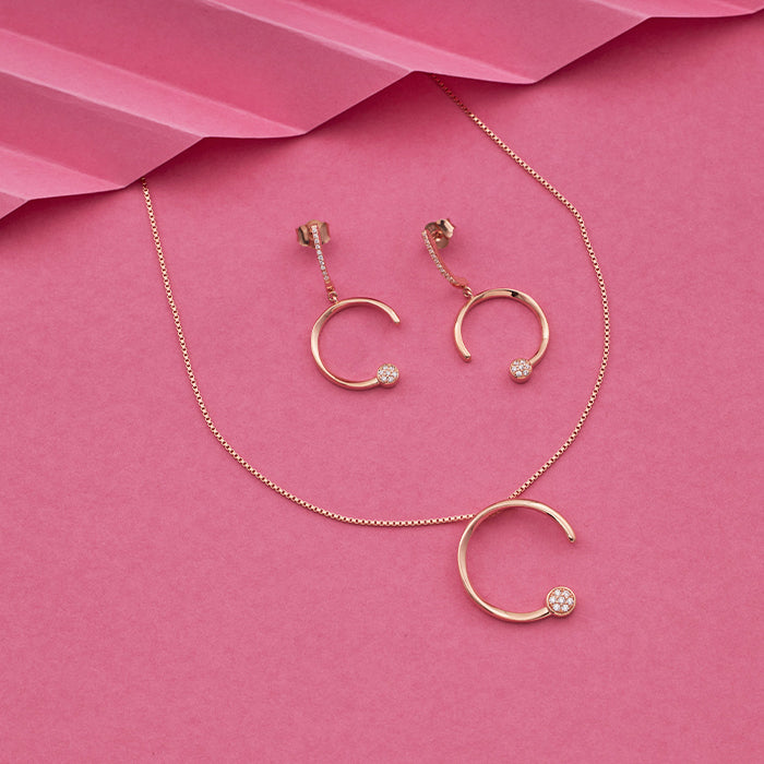 SILVER ROSE GOLD HALF MOON  EARRINGS WITH NECK CHAIN