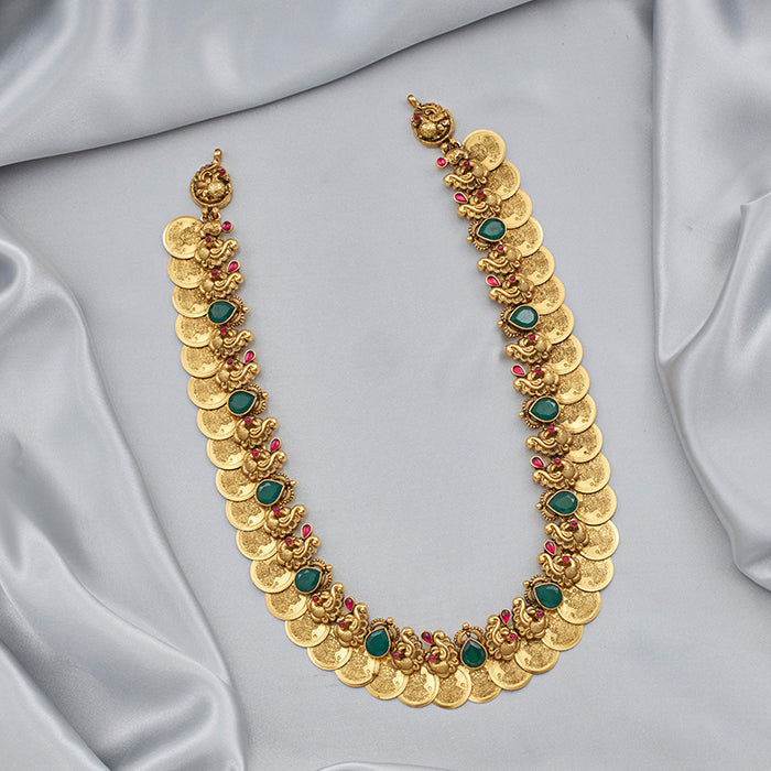 SILVER LAKSHMI KASU HAAR WITH EMERALD STONE